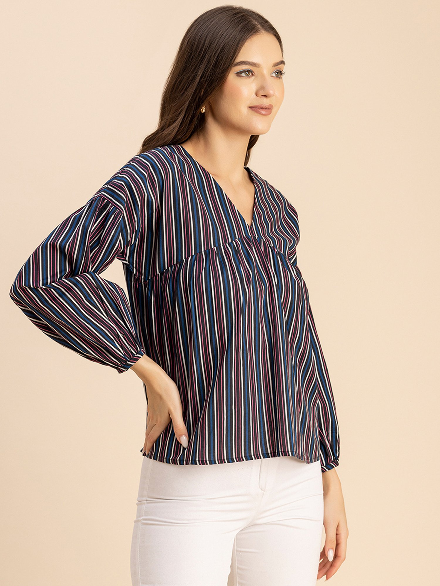 Moomaya Blue & White Cotton Striped Top