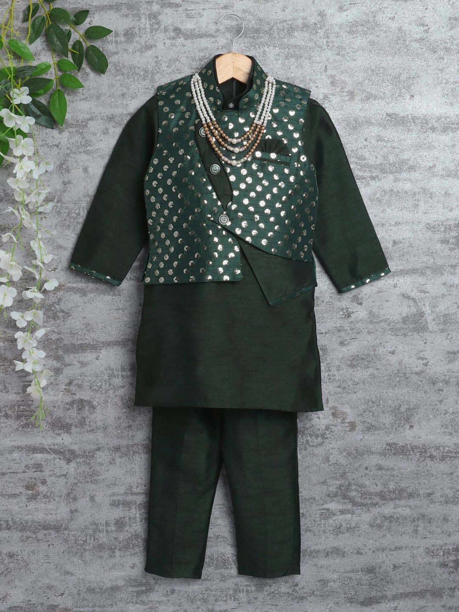 Ahhaaaa Kids Green Embellished Full Sleeves Kurta Set