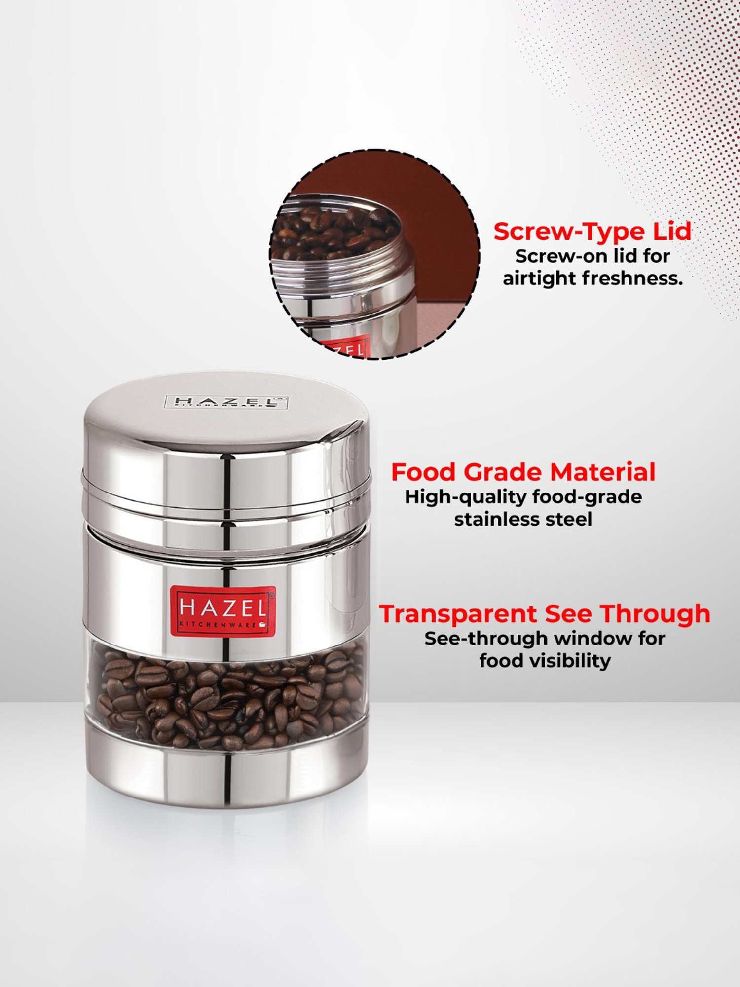 HAZEL Silver Stainless Steel Transparent Air Tight Container 400 ml