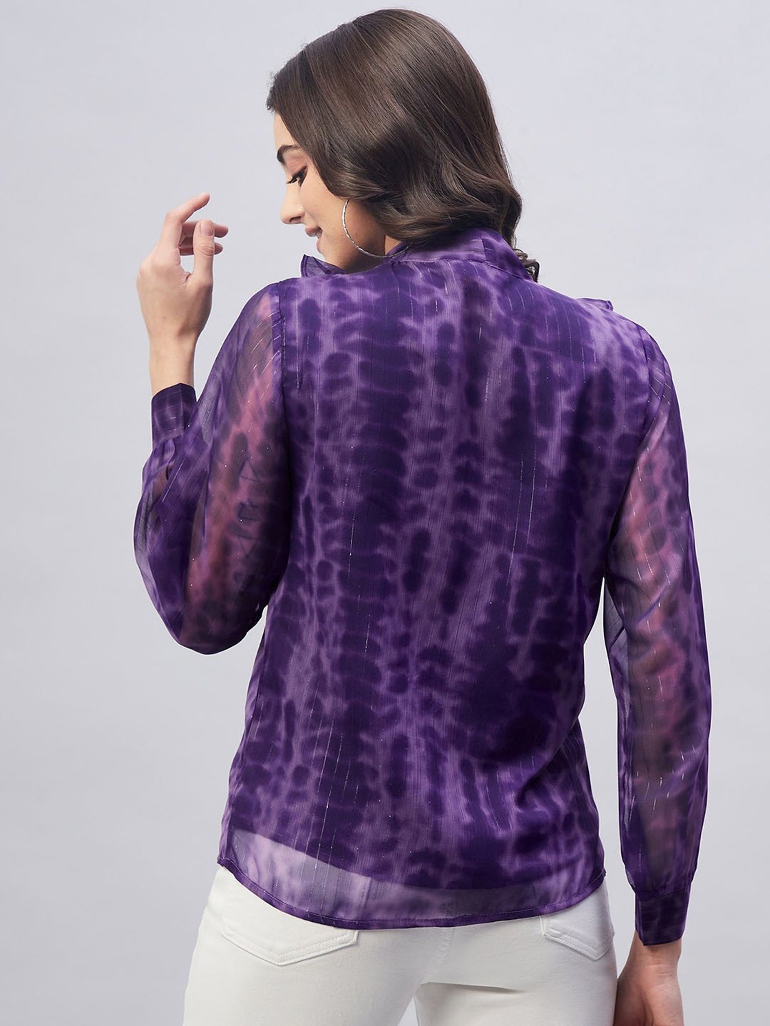 Marie Claire Purple Tie - Dye Tie-Up Neck Ruffles Top