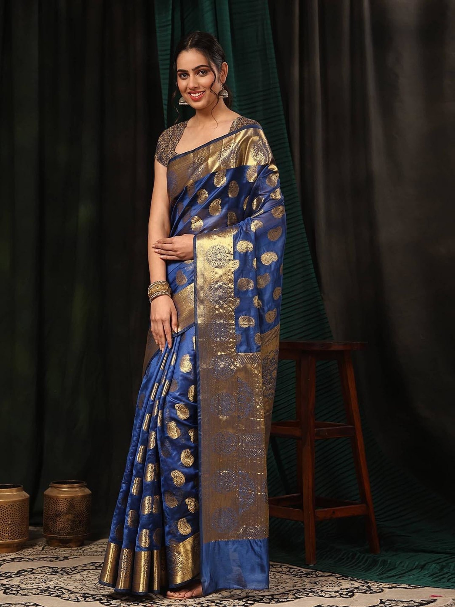 Silk Land Banarasi Silk Blue Woven Saree With Blouse