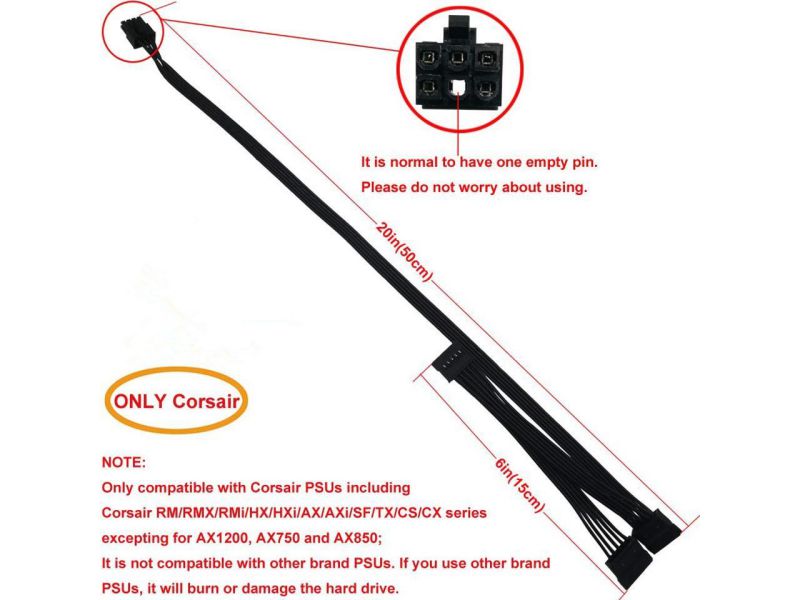 6 Pin to 3X 15 Pin SATA Hard Drive Power Adapter Cable for Some Types of Corsair Modular PSUs 20-in(50cm)