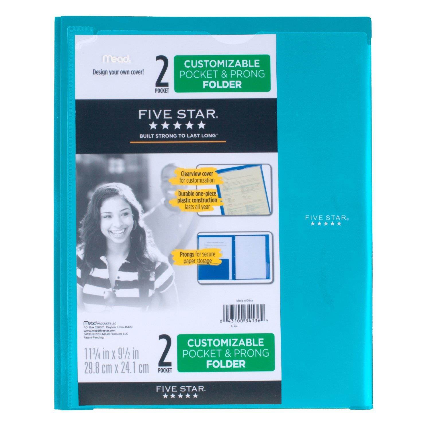 Five Star 2 Pocket Folders with Prong Fasteners, Folders with Pockets, Customizable Cover, Plastic, 4 Pack (38130)