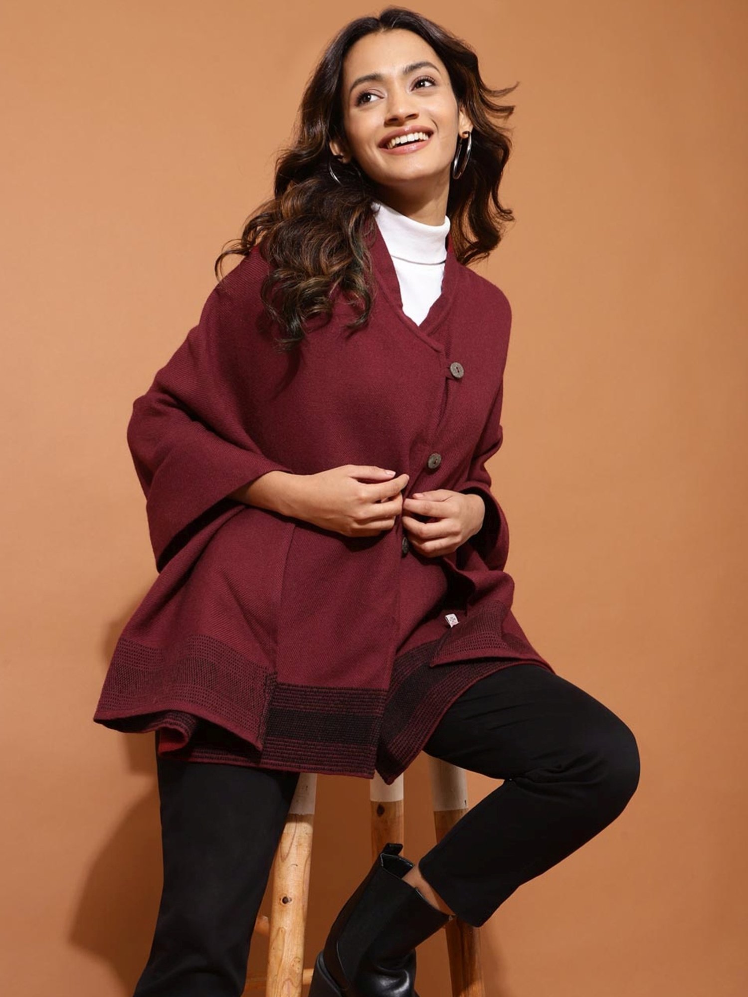 Fabindia Maroon Self Pattern Poncho