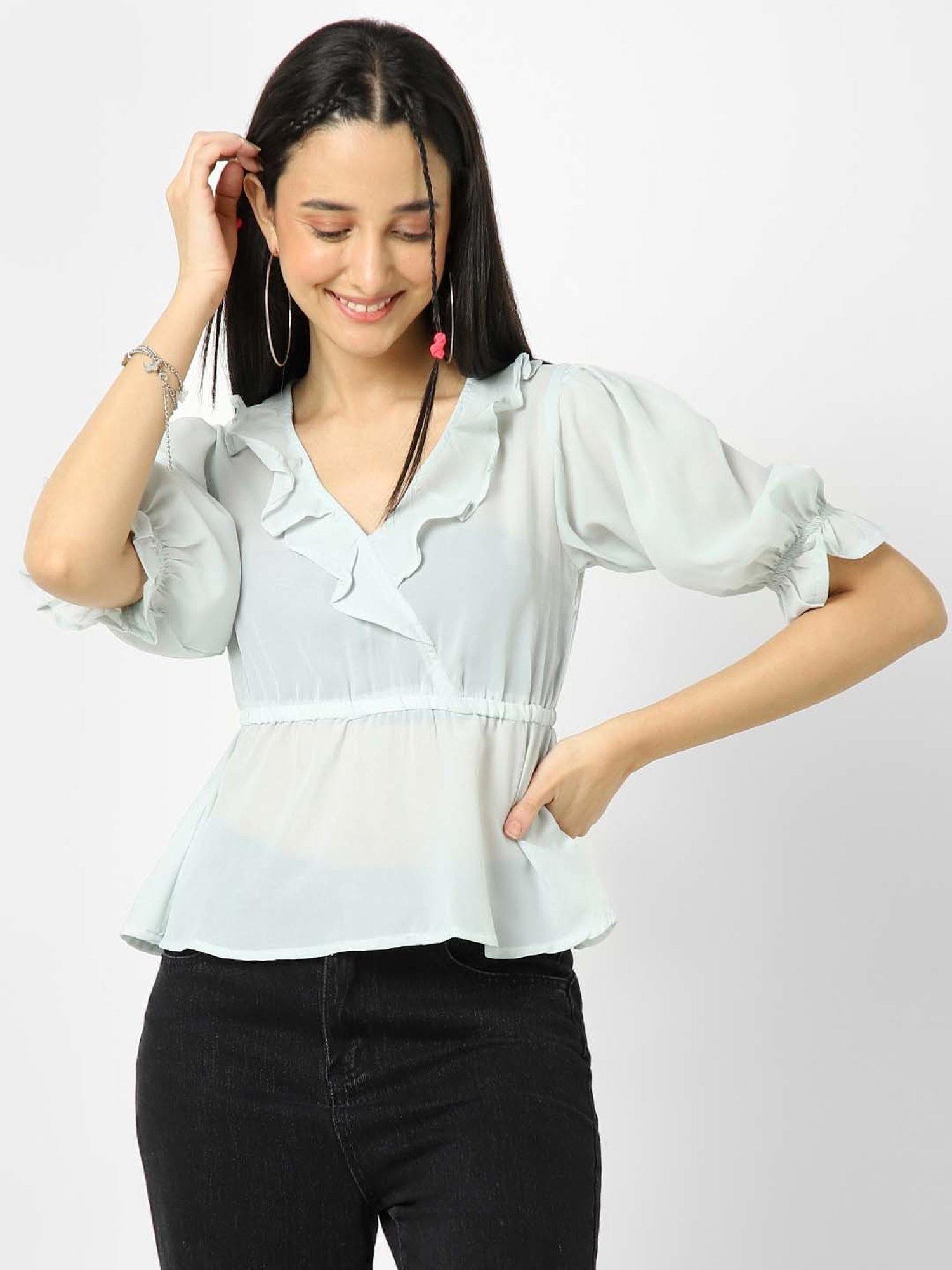 VASTRADO Green V Neck Top