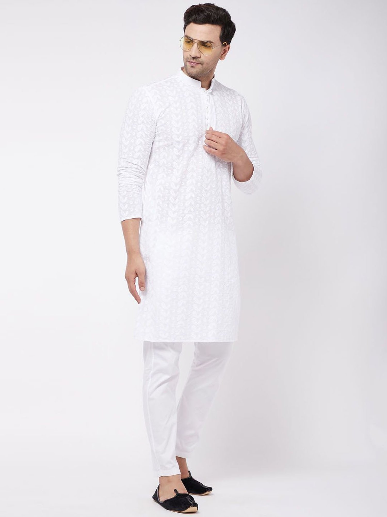 Vastramay White Cotton Straight Fit Embroidery Ethnic Suits