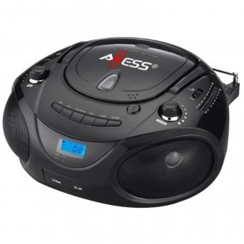 Axess Black Portable Boombox MP3_CD Player with Text Display,with AM_FM Stereo, USB_SD_MMC_AUX Inputs