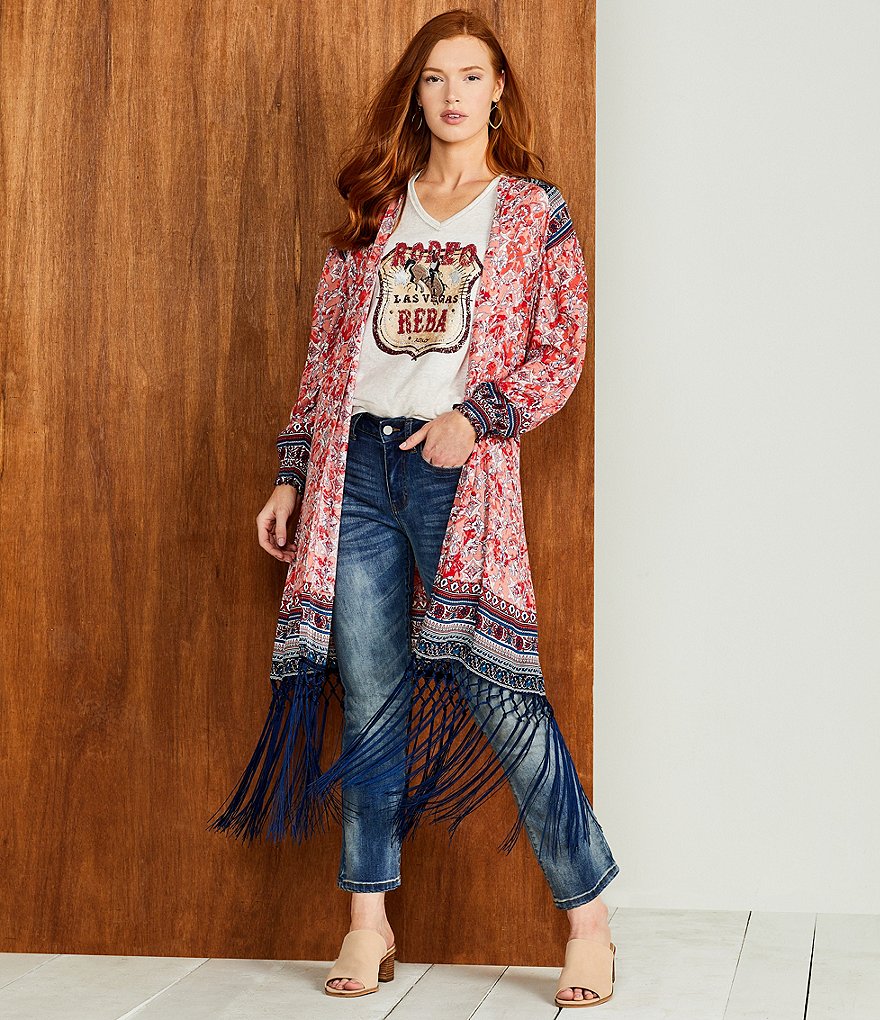 Reba 3/4 Billow Sleeve Fringe Border Print Open Front Kimono