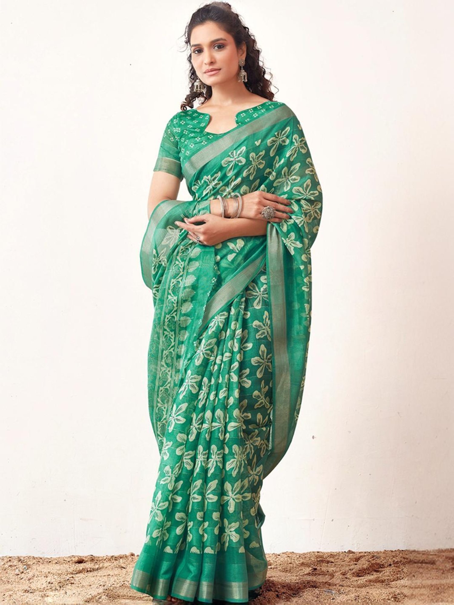 Satrani Green Floral Print Saree With Unstitched Blouse