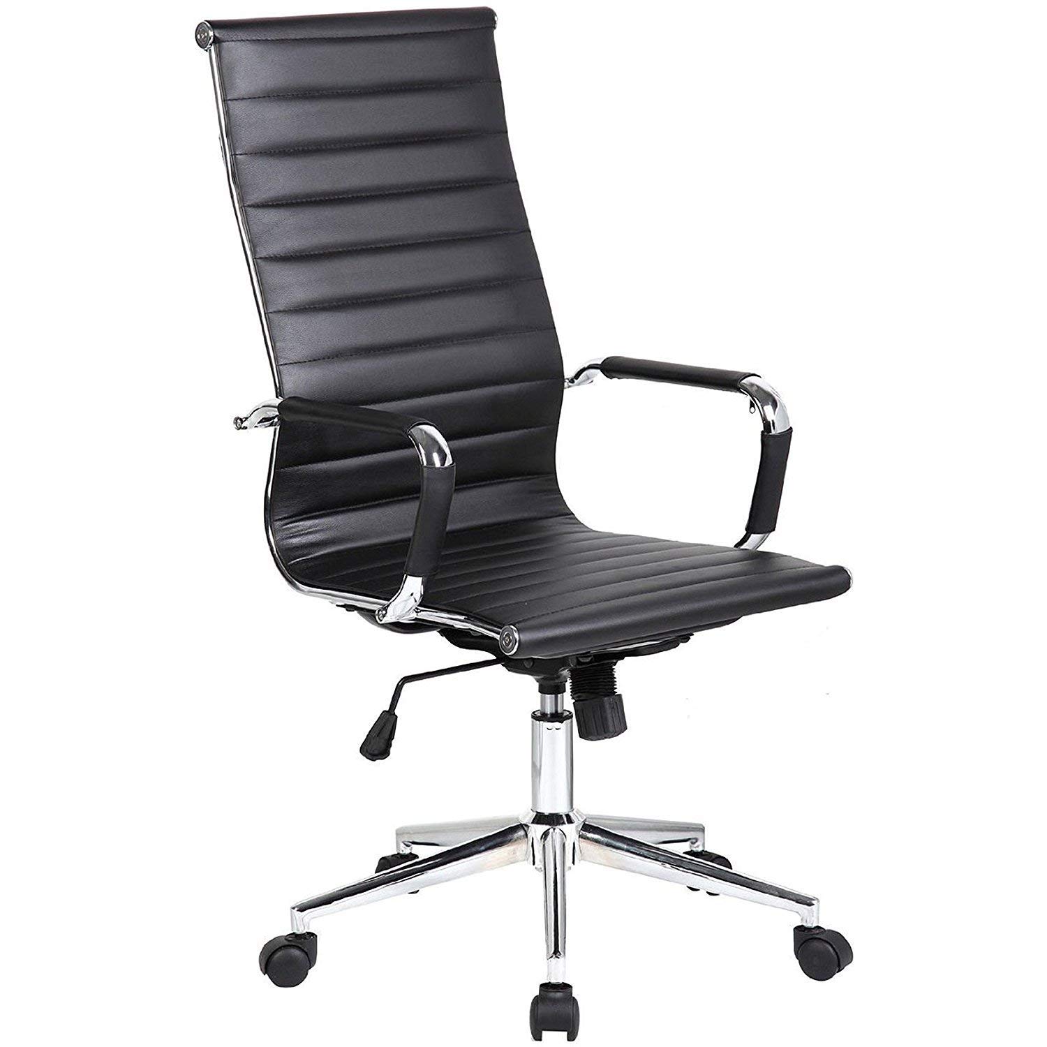 Chelsea Ribbed Tall High Back Office Chair in PU Leather with Swivel, Paddle Control, Tilt Locking Lever, Chromed Steel Frame - BLACK COLOR