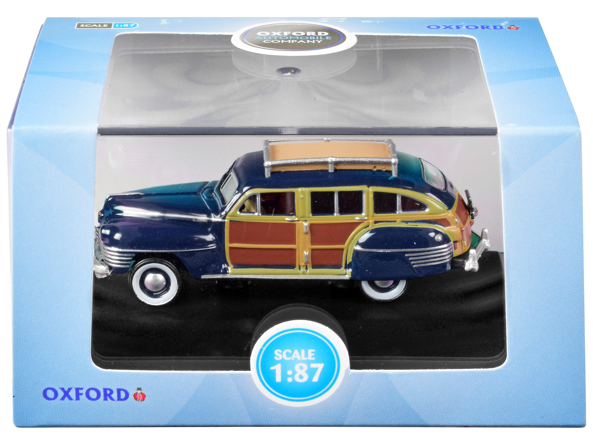1942 Chrysler Town & Country Woody Wagon South Sea Blue with Wood Panels and Roof Rack 1/87 (HO) Scale Diecast Model Car by Oxford Diecast