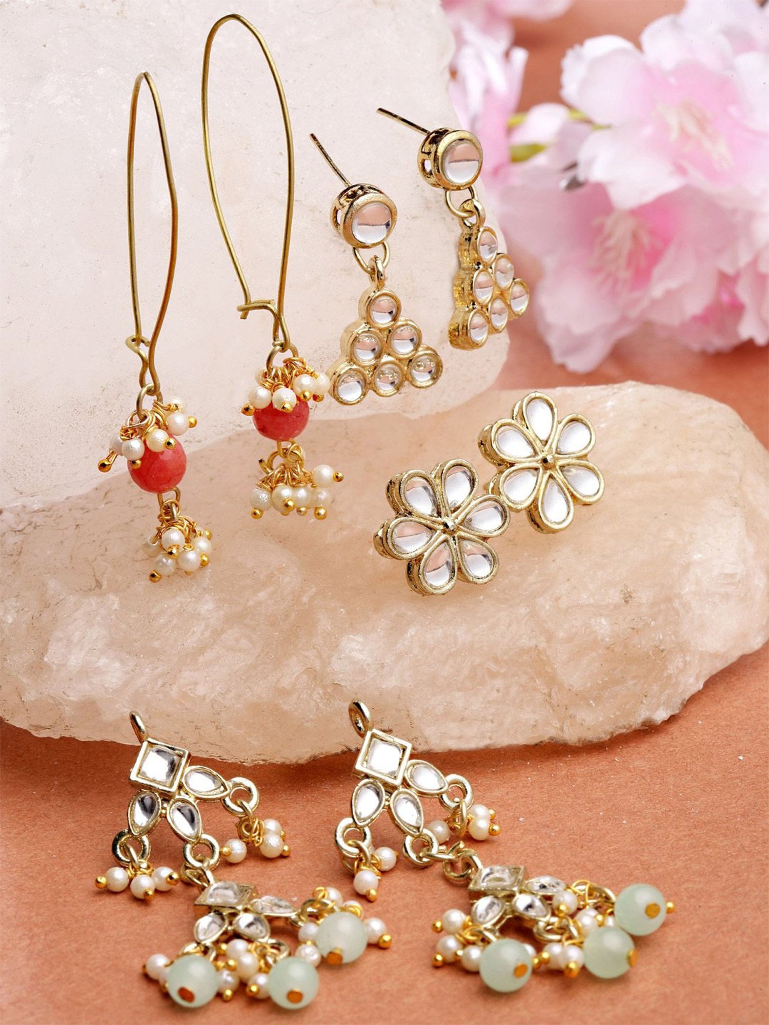 Karatcart Handcrafted Kundan Dangler & Stud Earrings - Set of 4