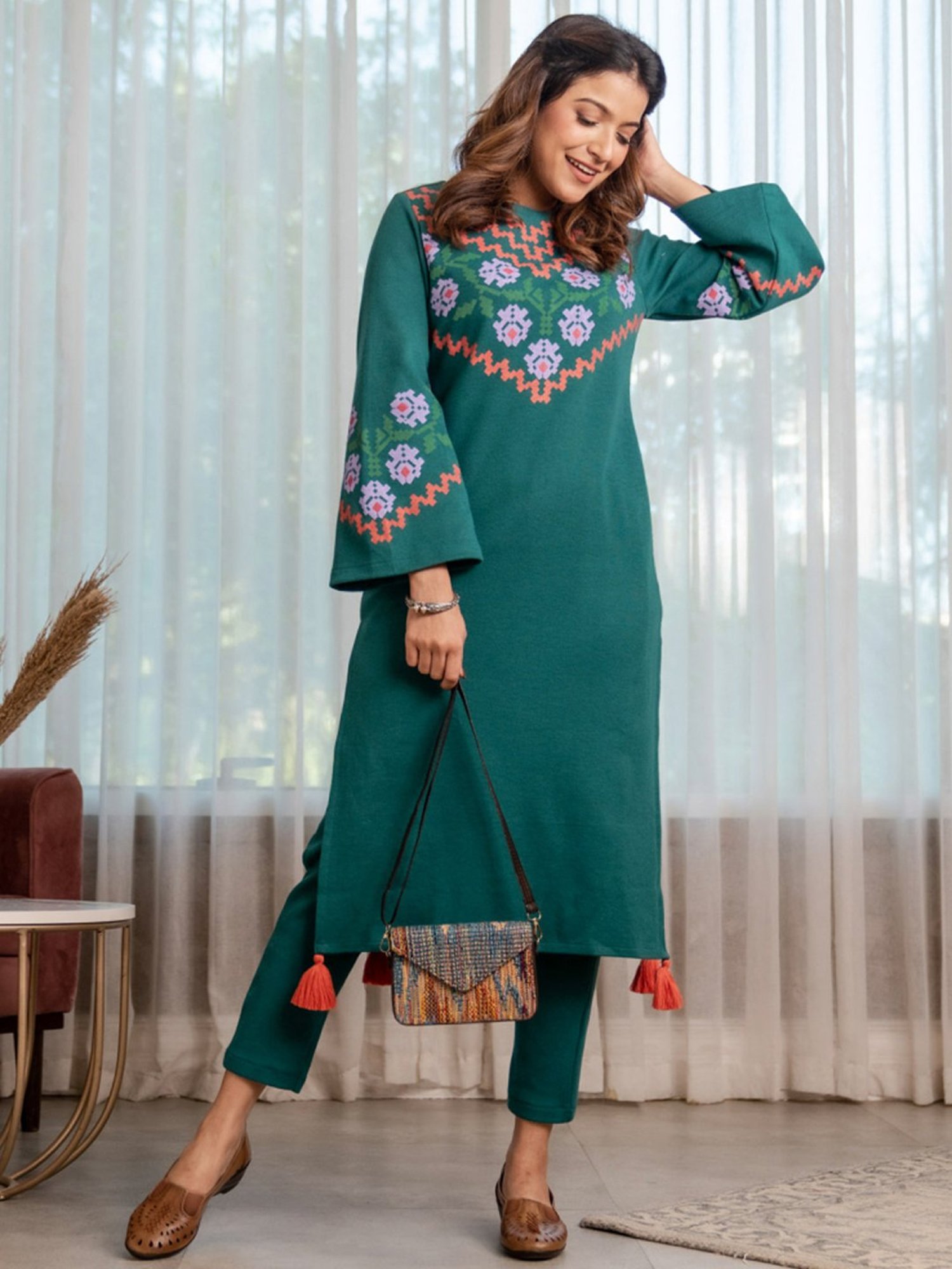 Rustorange Green Printed Straight Kurta