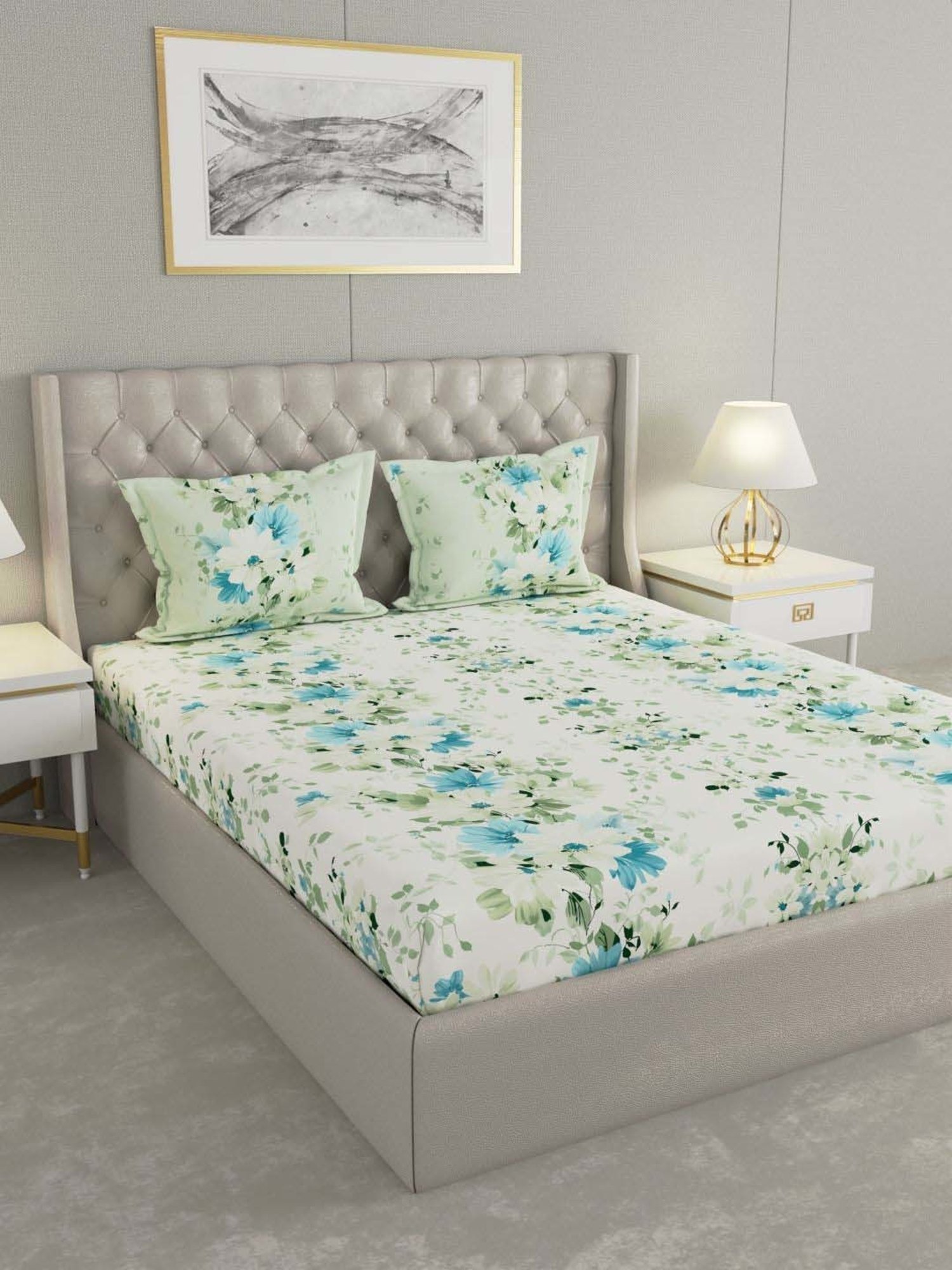 Raymond Home Camphor White & Blue 144 TC Cotton Queen Bedsheet with 2 Pillow Covers