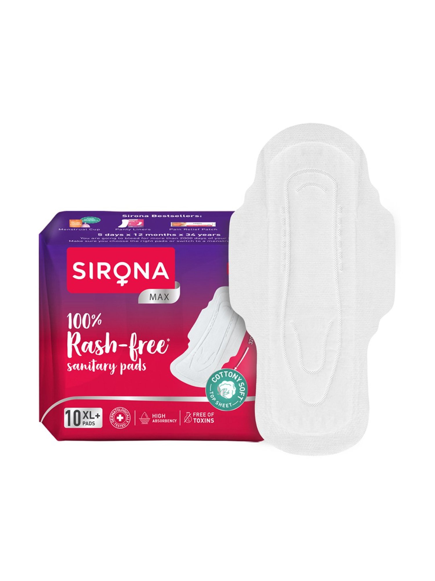 Sirona Cottony Soft Rash Free Sanitary Pads for Women Extra Large Plus - 10 Pads