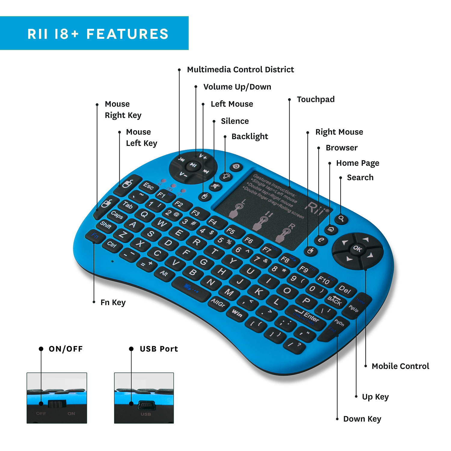Rii i8+ Mini Bluetooth Keyboard with Touchpad & QWERTY Keyboard, Backlit Portable Wireless Keyboard for Smartphones laptop/PC/Tablets/Windows/Mac/TV/Xbox/PS3/Raspberry Pi (Blue)