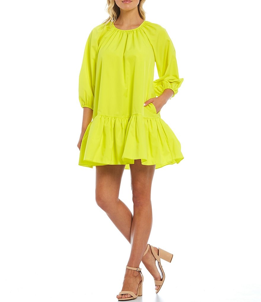 LDT Rachel Jewel Neck Ruffled Poof Swing Dress