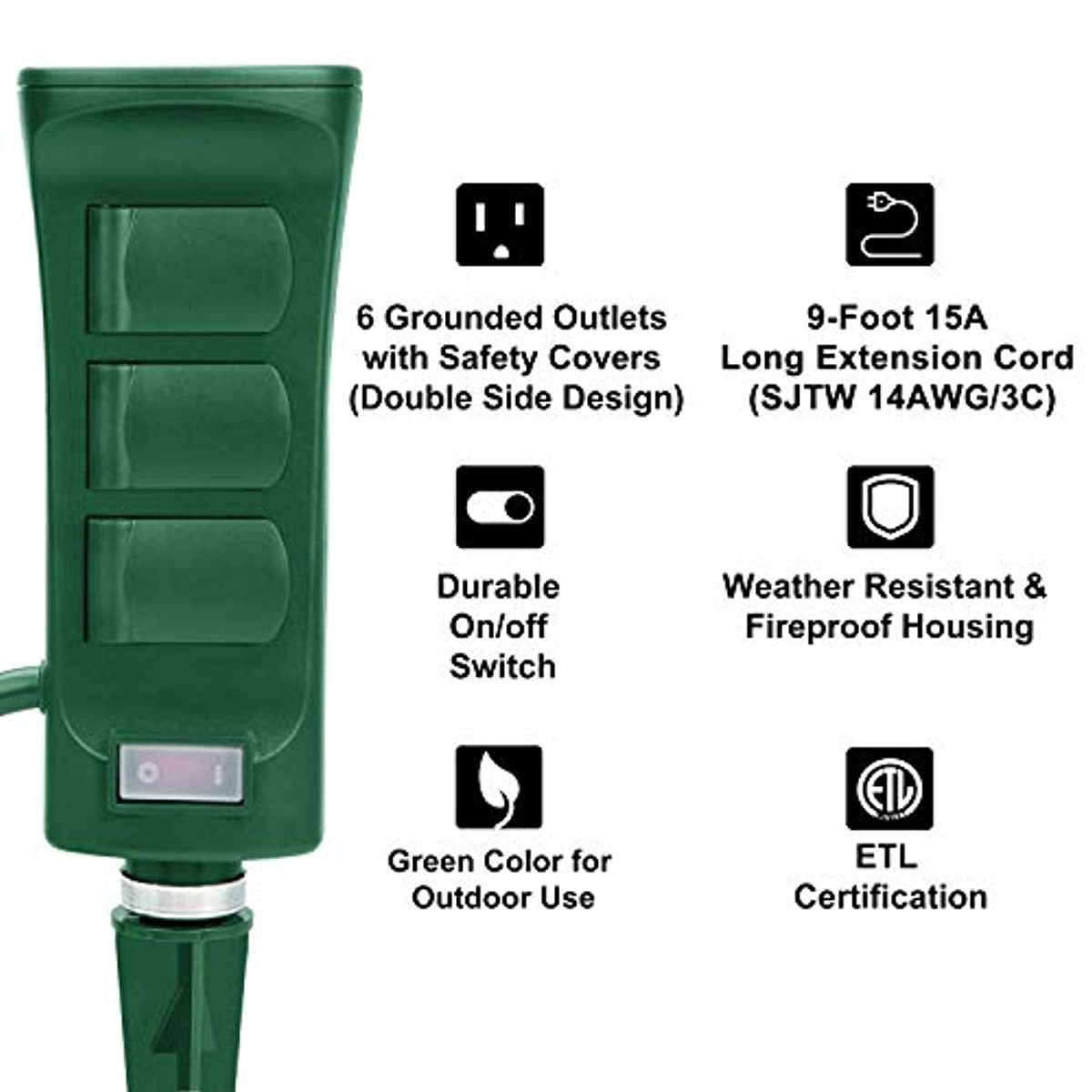 BESTTEN Outdoor Power Stake with 6 Outlets and 9 Foot Extension Cord, Heavy Duty Power Strip with Overload Protection Switch and Weatherproof Protective Covers, ETL Listed, Green