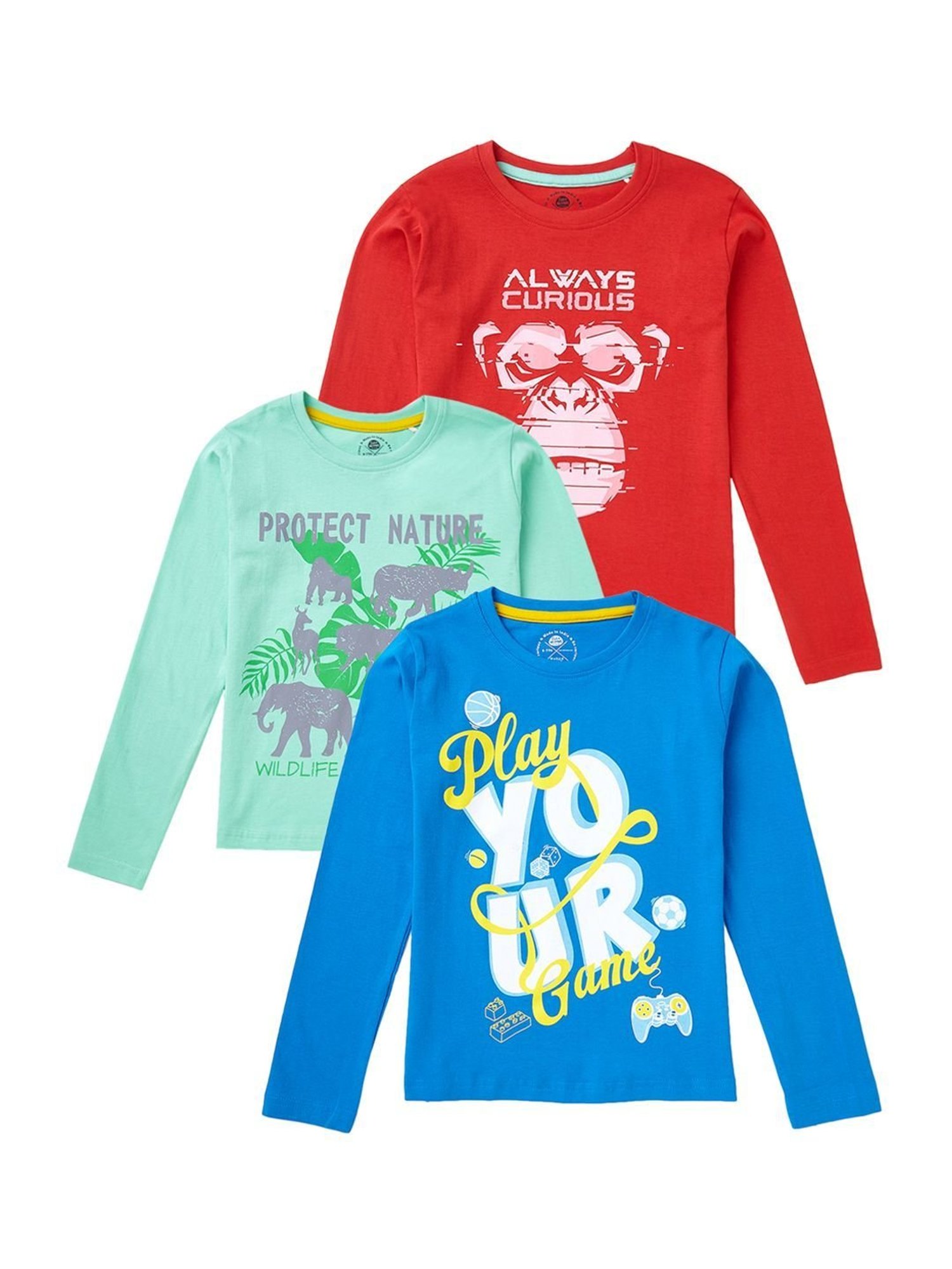 Cub McPaws Kids Multicolor Cotton Printed Full Sleeves T-Shirt (Pack of 3)