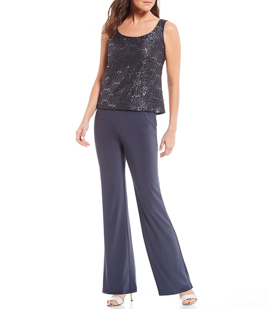 R & M Richards 3-Piece Sequin Glitter Scallop Lace Duster Pant Set
