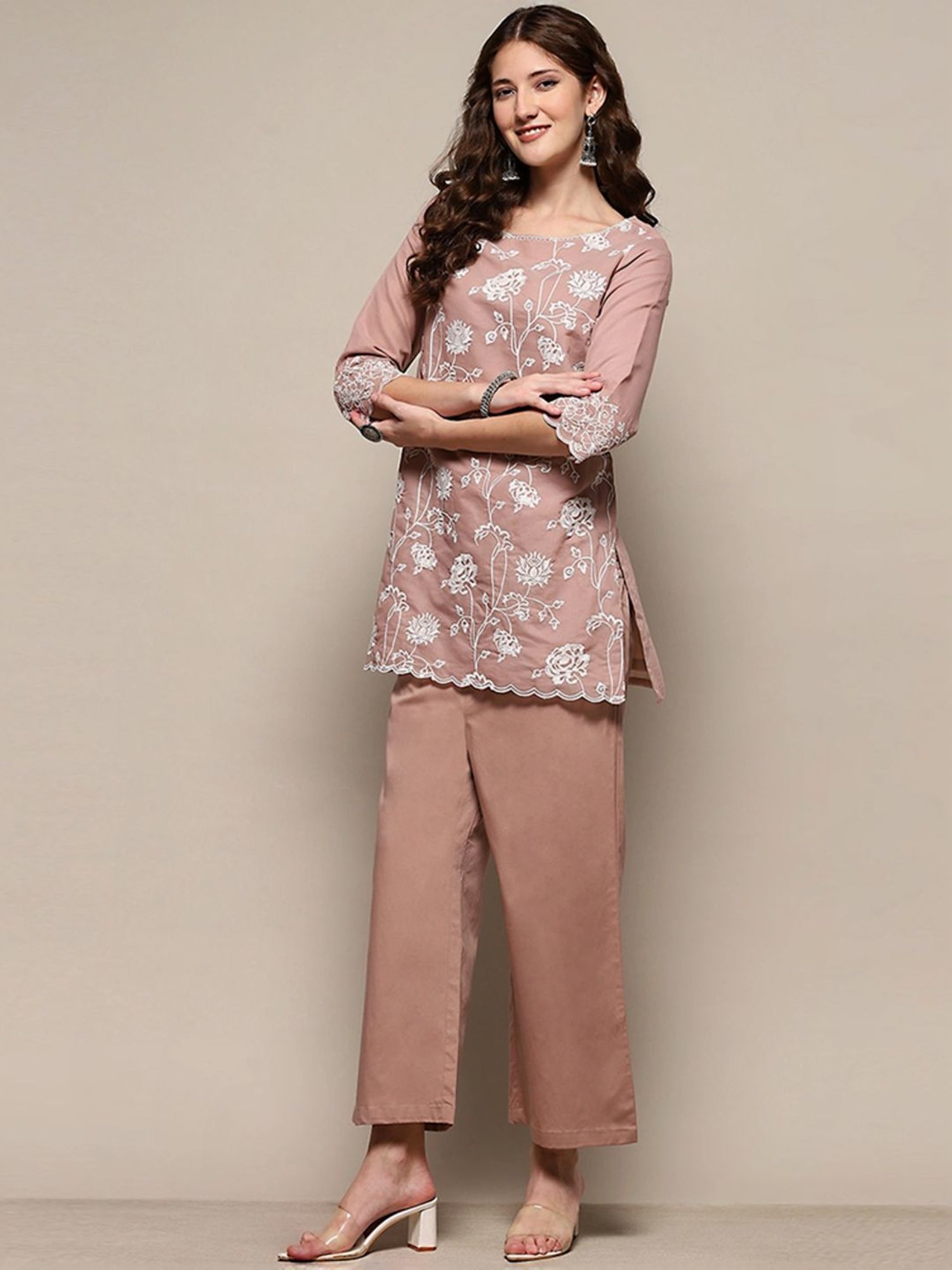 Biba Beige Embroidered Kurti Palazzo Set