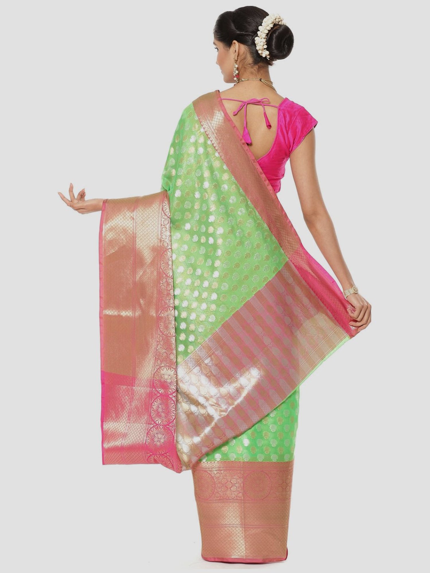 Banarasi Silk Works Green Woven Saree With Unstitched Blouse