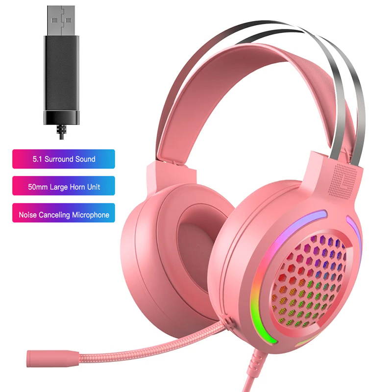 Gaming Headset with 7.1 Surround Sound,PC Lightweight Headset with Noise Canceling Mic,Bass Surround,Soft Memory Earmuffs,Rainbow LED Backlit for PC,PS4,Xbox One Controller(Adapter Not Included)(Pink)