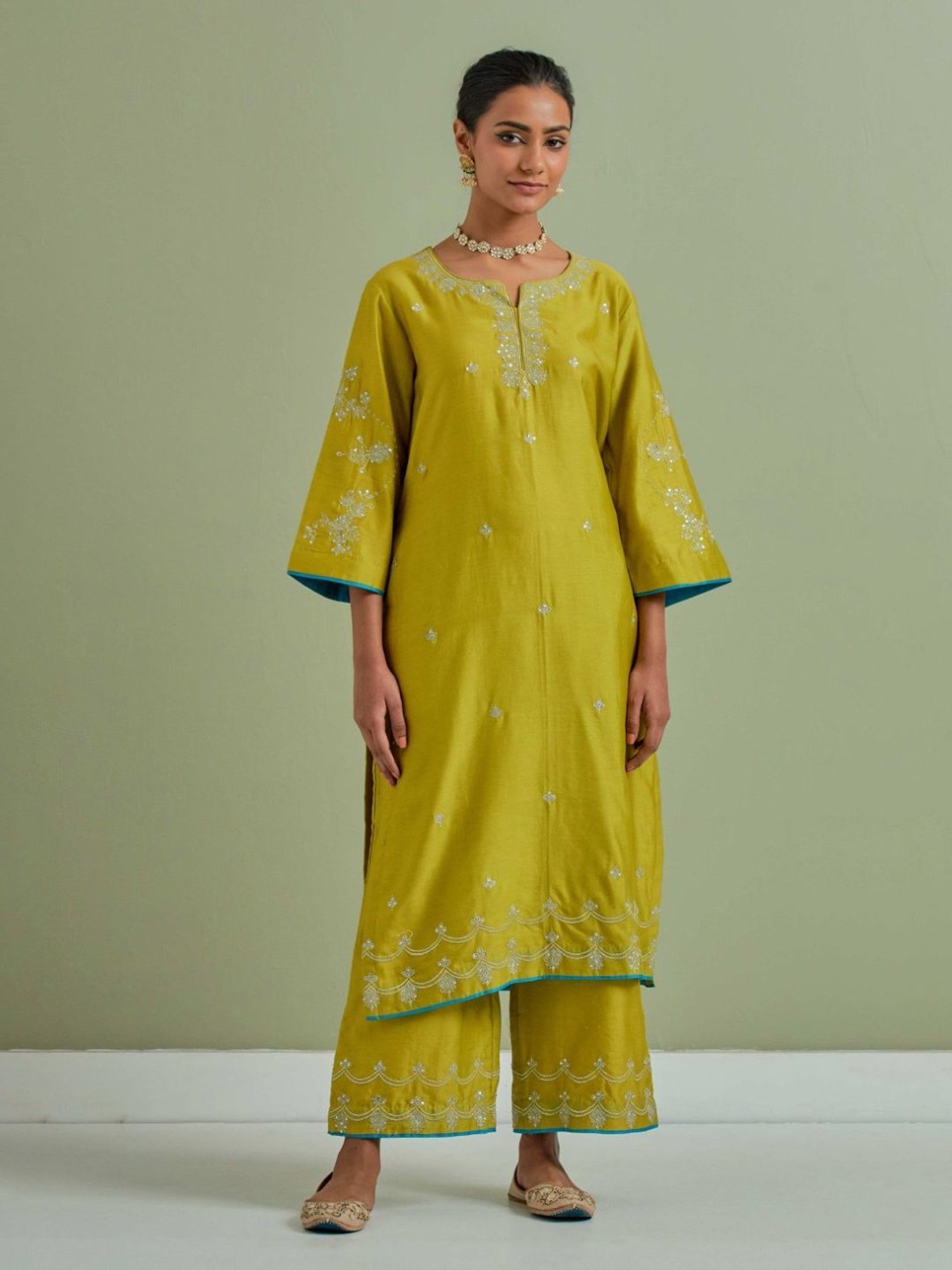 Priya Chaudhary Lime Green Qainat Embroidered Chanderi Silk Kurta