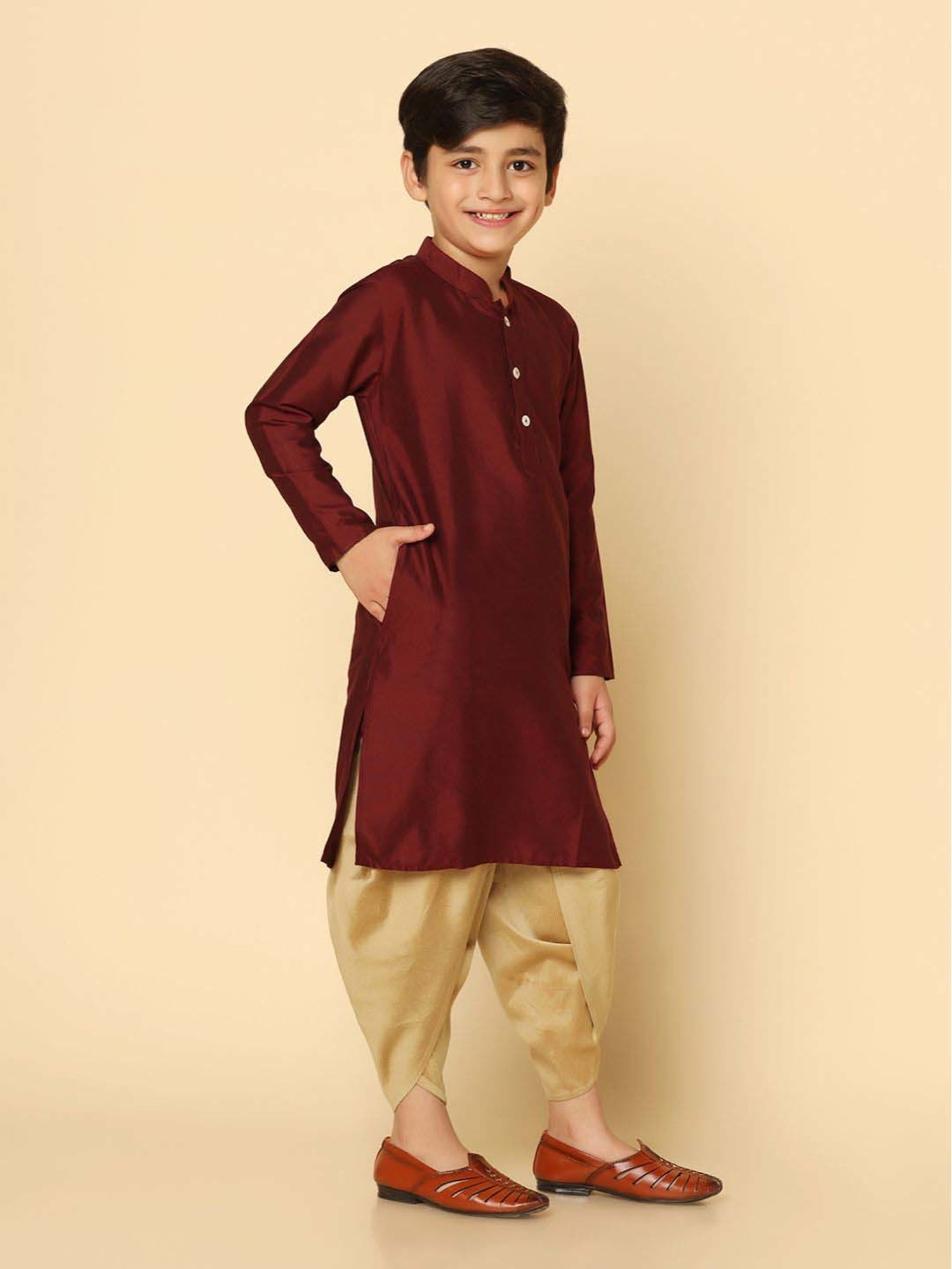 KISAH Kids Maroon & Golden Regular Fit Full Sleeves Kurta Set