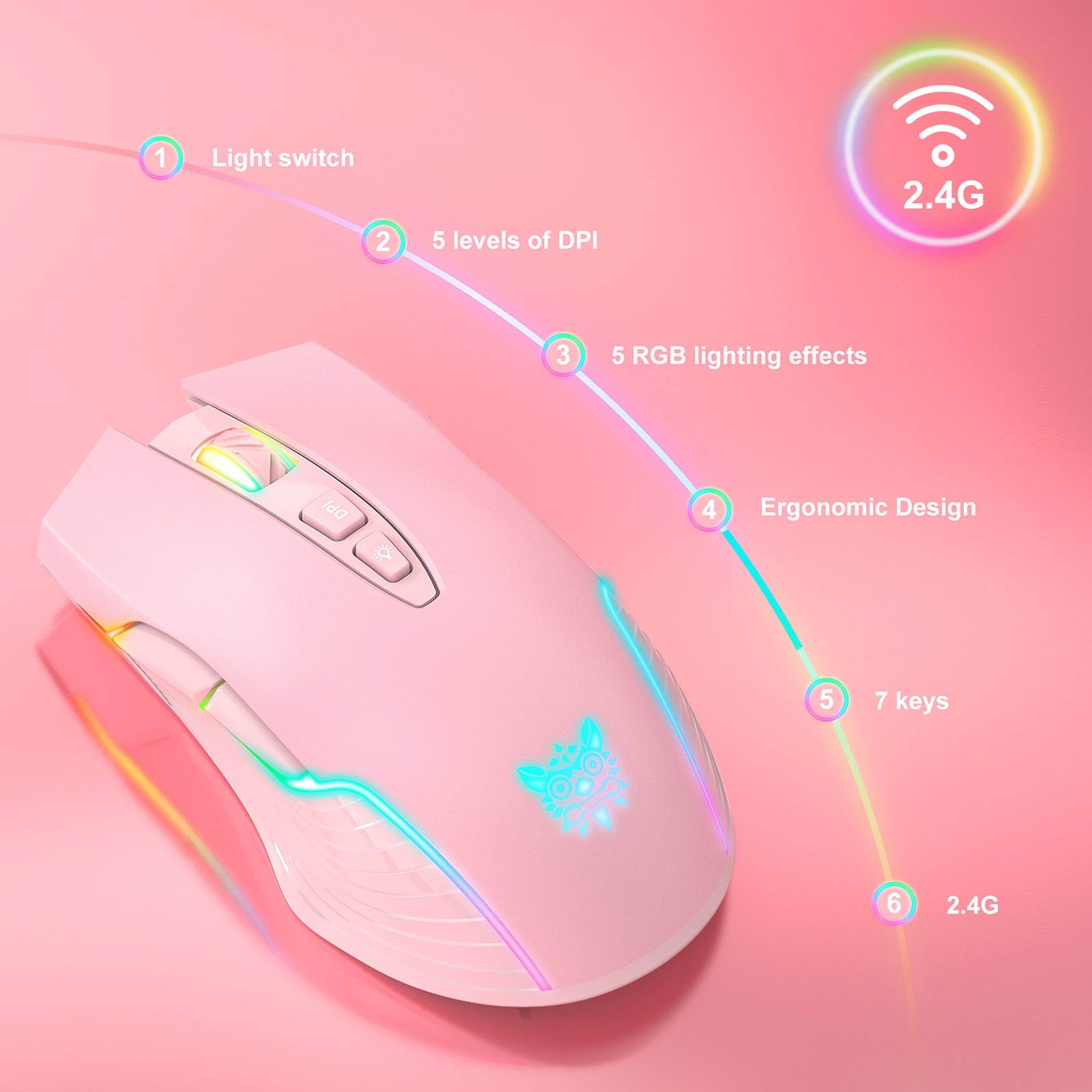 ONIKUMA CW905 2.4G Wireless Gaming Mouse RGB Backlit E-sports Mouse Optical Computer Mice 5 Adjustable DPI with 7 Programmable Buttons for Laptop Desktop PC Computer