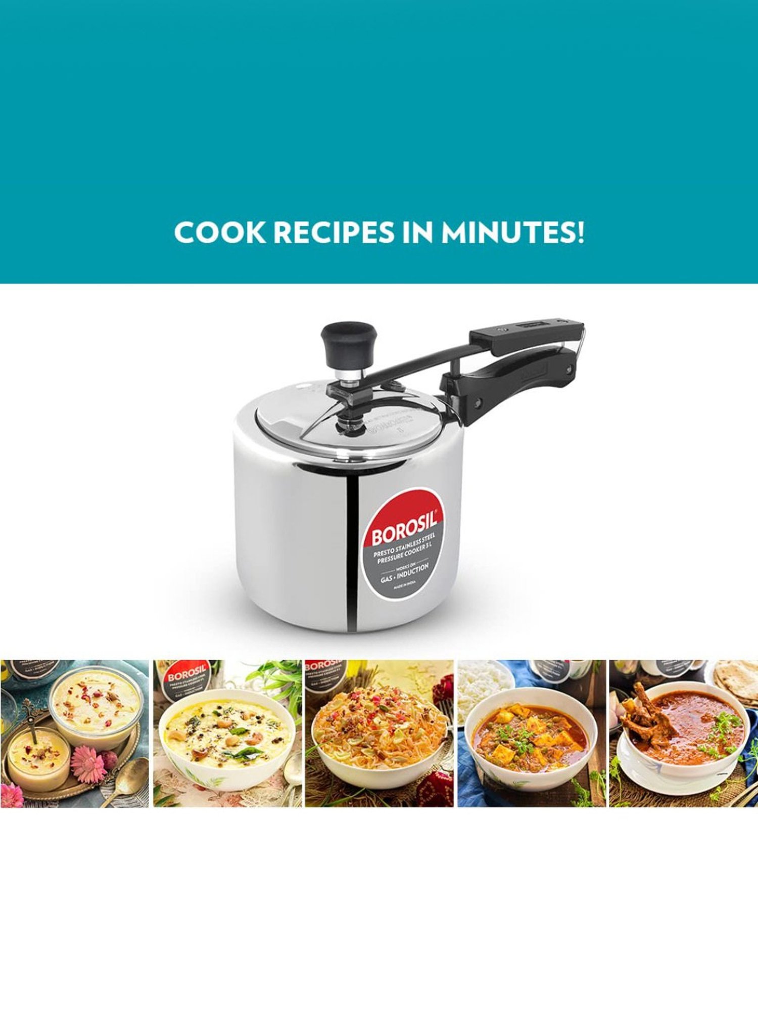 Borosil Presto Pressure Cooker with Induction Base Stainless Steel Inner Lid (Silver,3L)