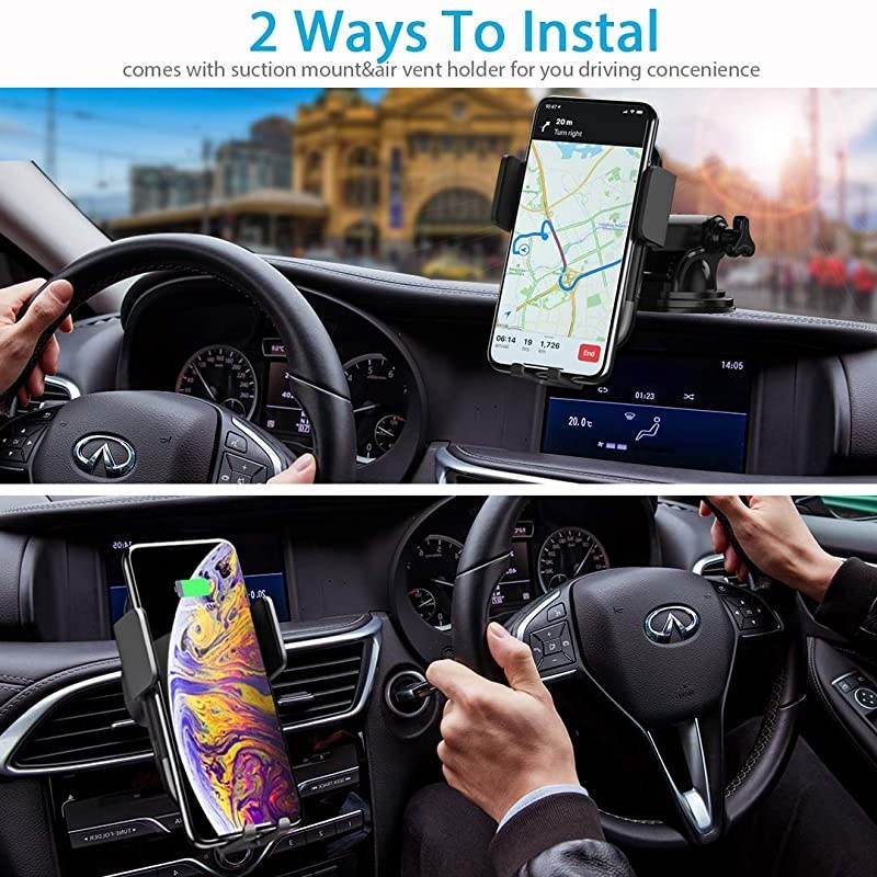 Wireless Car Charger,  Qi Auto-Clamping Air Vent Dashboard Car Phone Holder & QC3.0 Car Charger, 10W Compatible for Galaxy S10/S10+/S9,Charging for iPhone 11/11 Pro/11 Pro Max/XSMax/XS/XR/X/8P/8