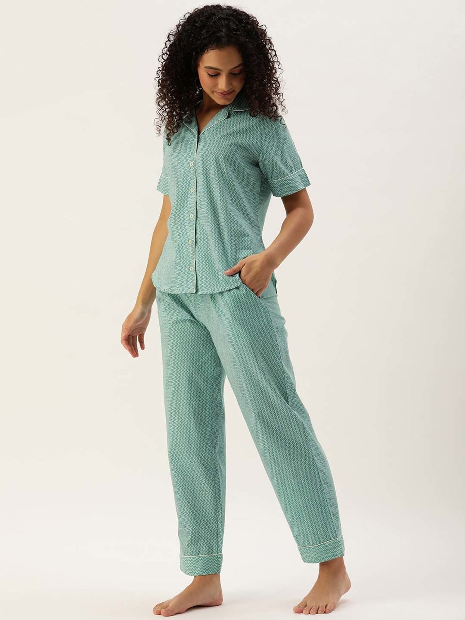 Amukti Green Printed Shirt With Lounge Pants