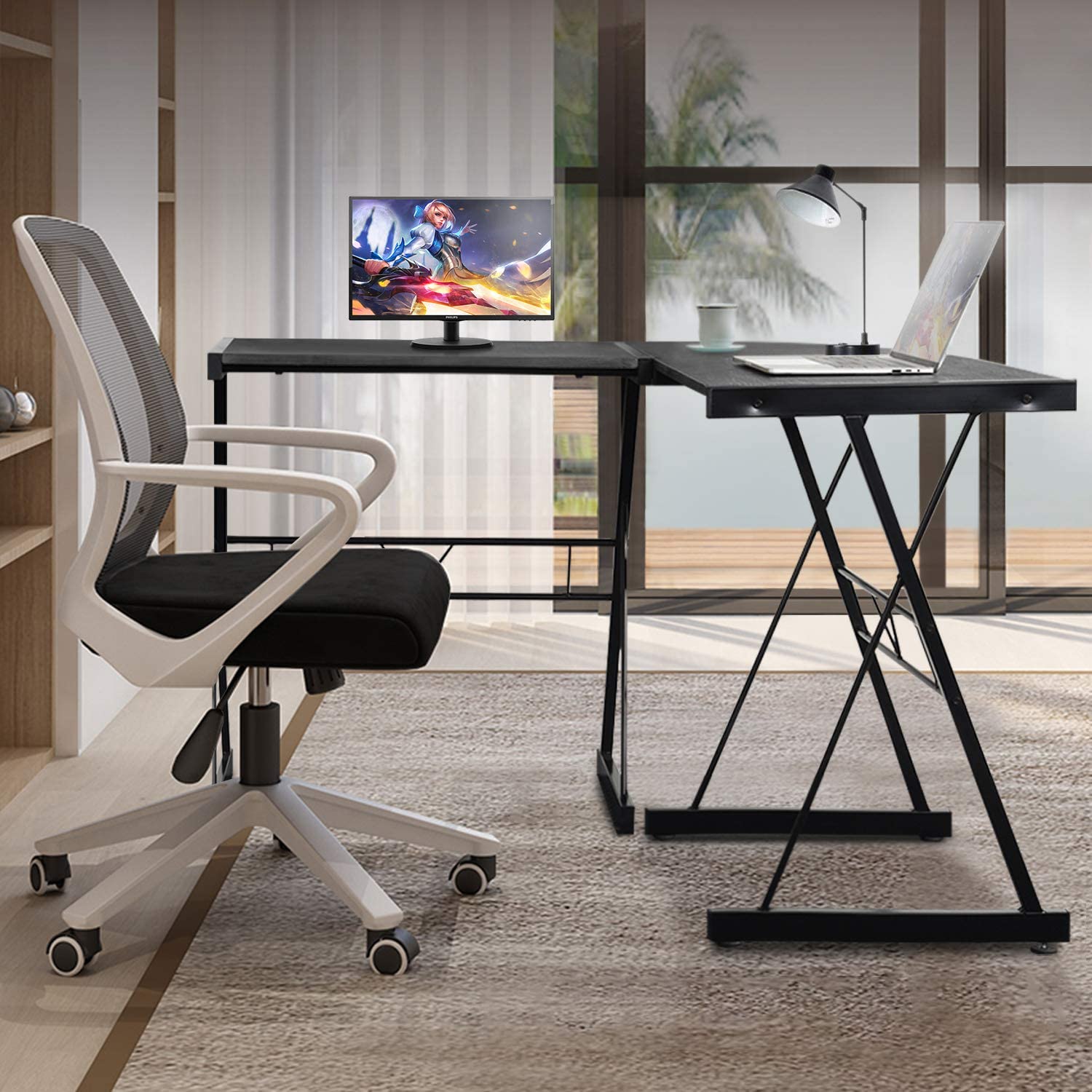 L Shaped Corner Desk, Industrial Style Computer Gaming Desk PC Laptop Workstation for Home Office, Black