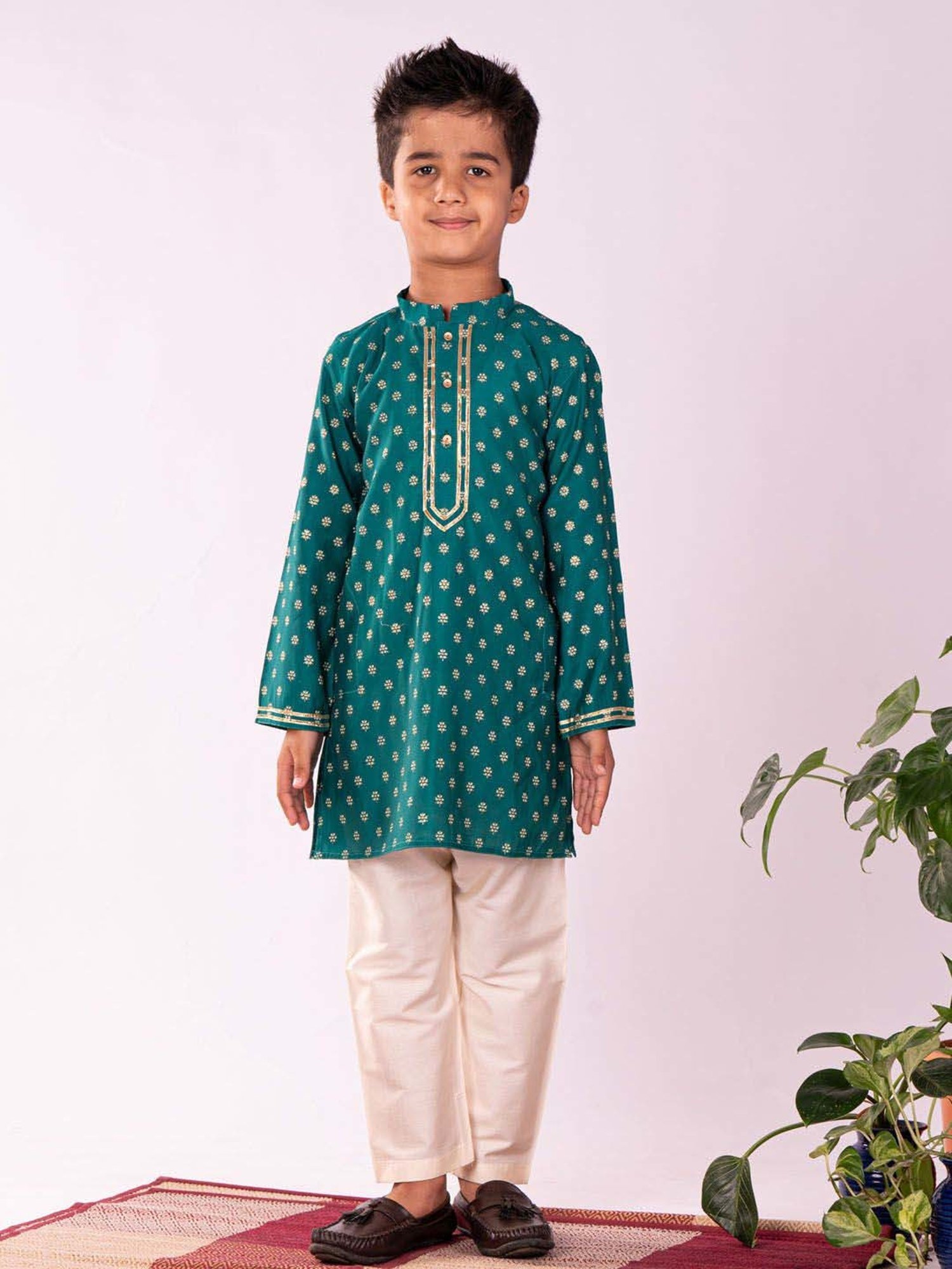 VASTRAMAY Boys Green & Cream Printed Full Sleeves Kurta Sets