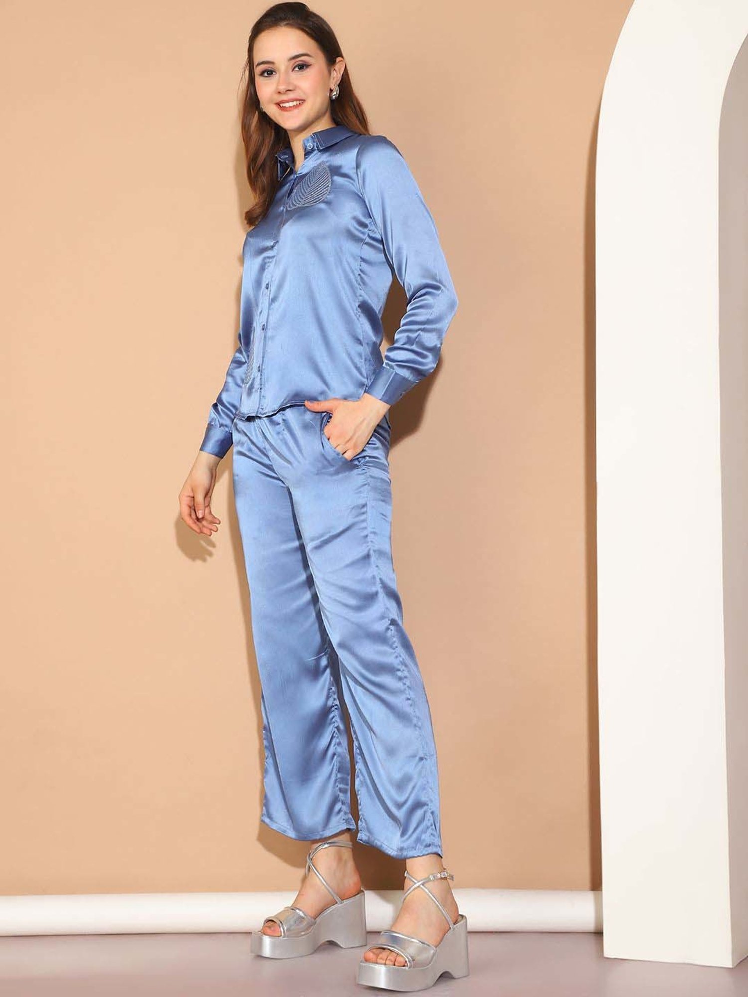 Indian Needle Blue Embellished Shirt Pants Set