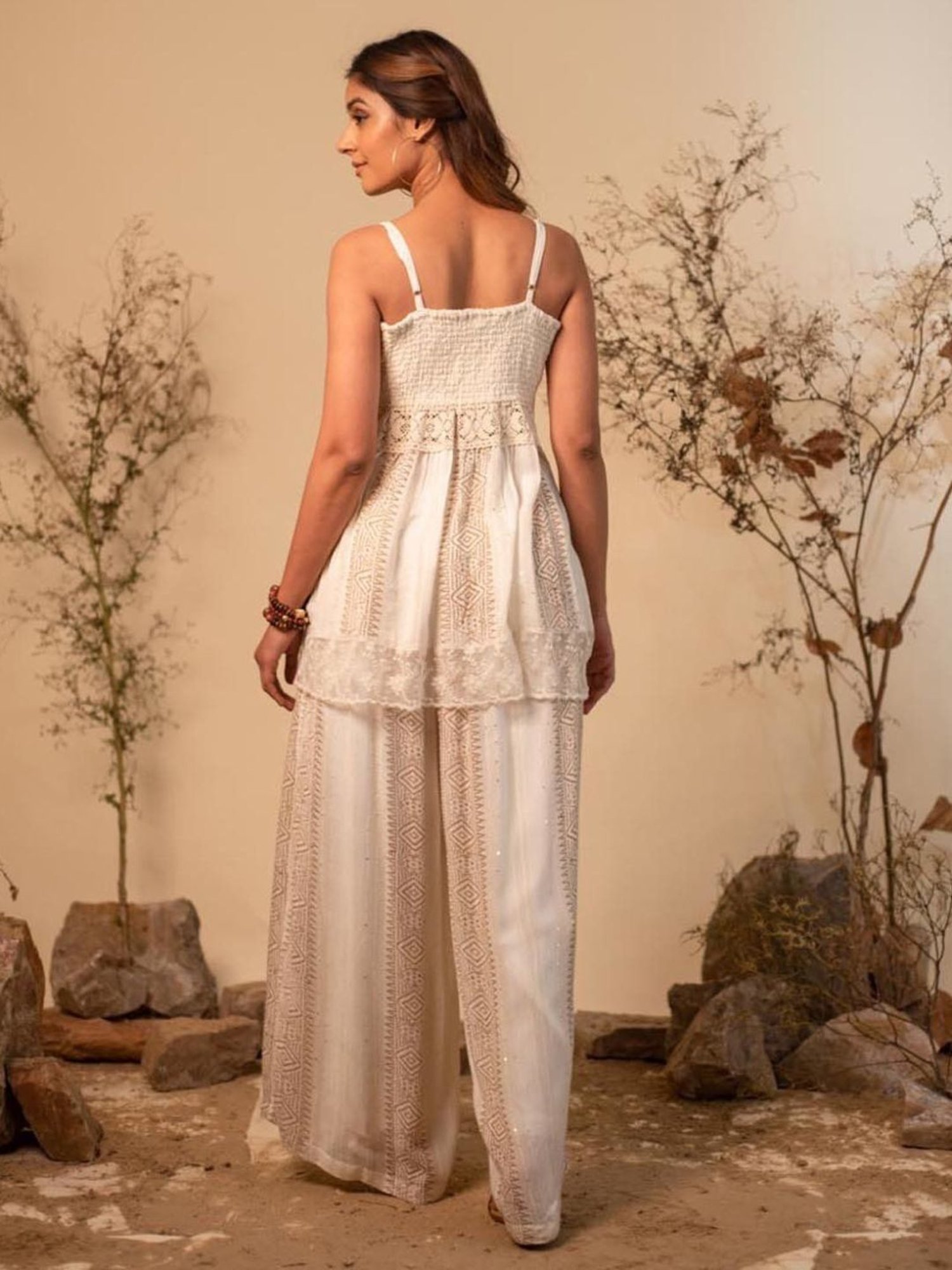 LABEL REYYA Boho Off White Lace Co-ord Set (Set Of 2)