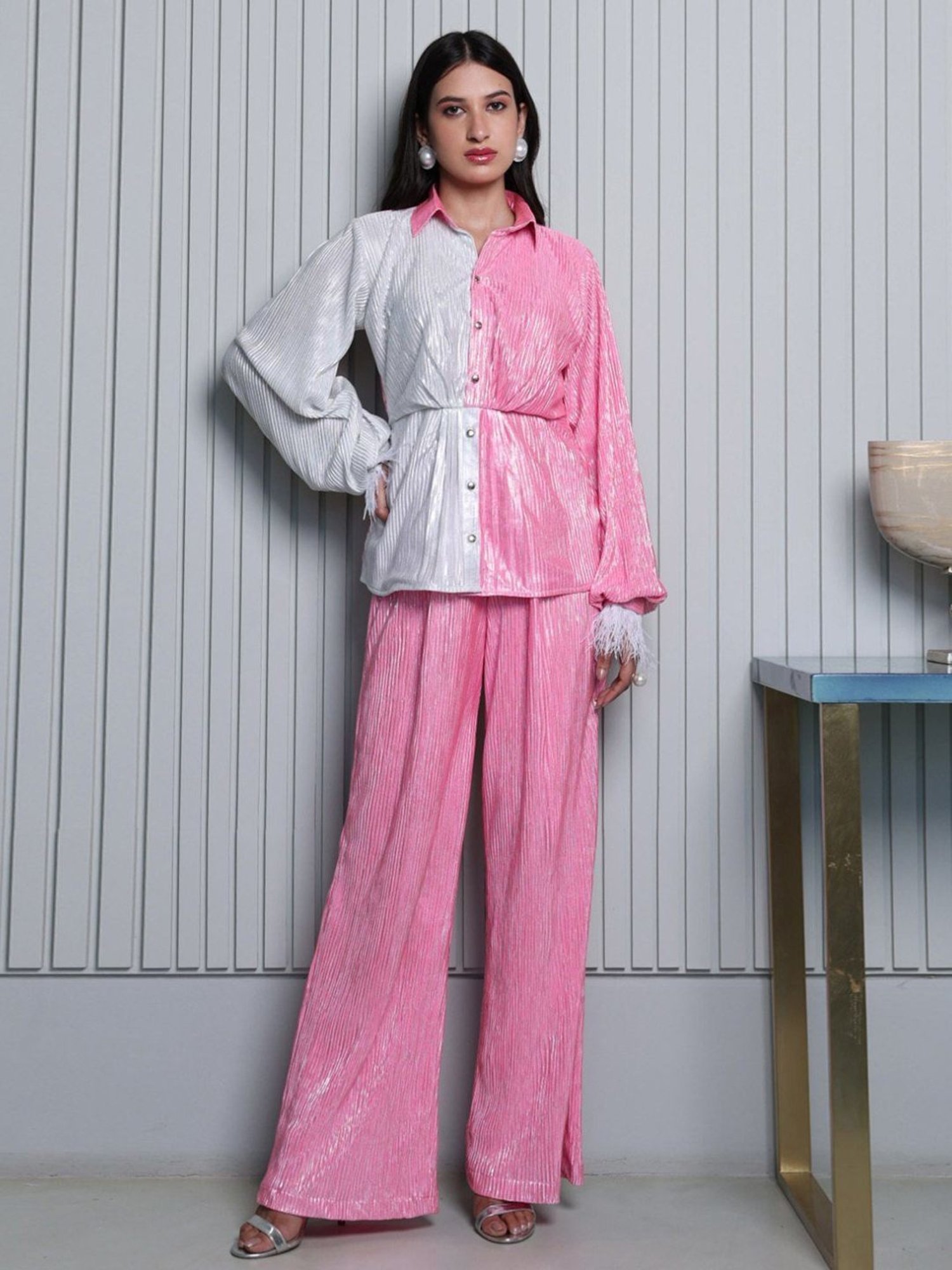 BInfinite Metallic White & Pink Pleated Coords-Set