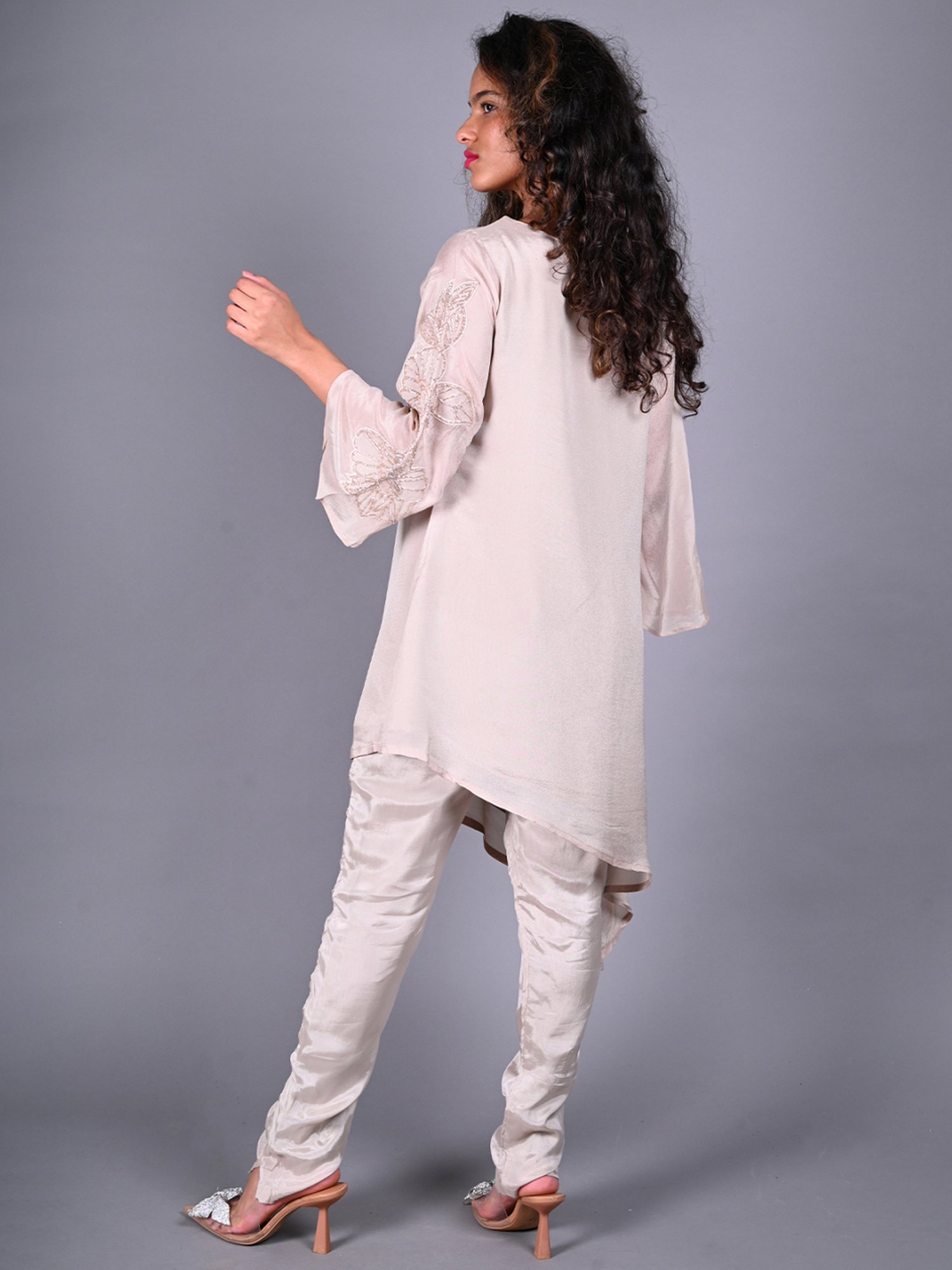 Odette Beige Embellished Tunic Pant Set