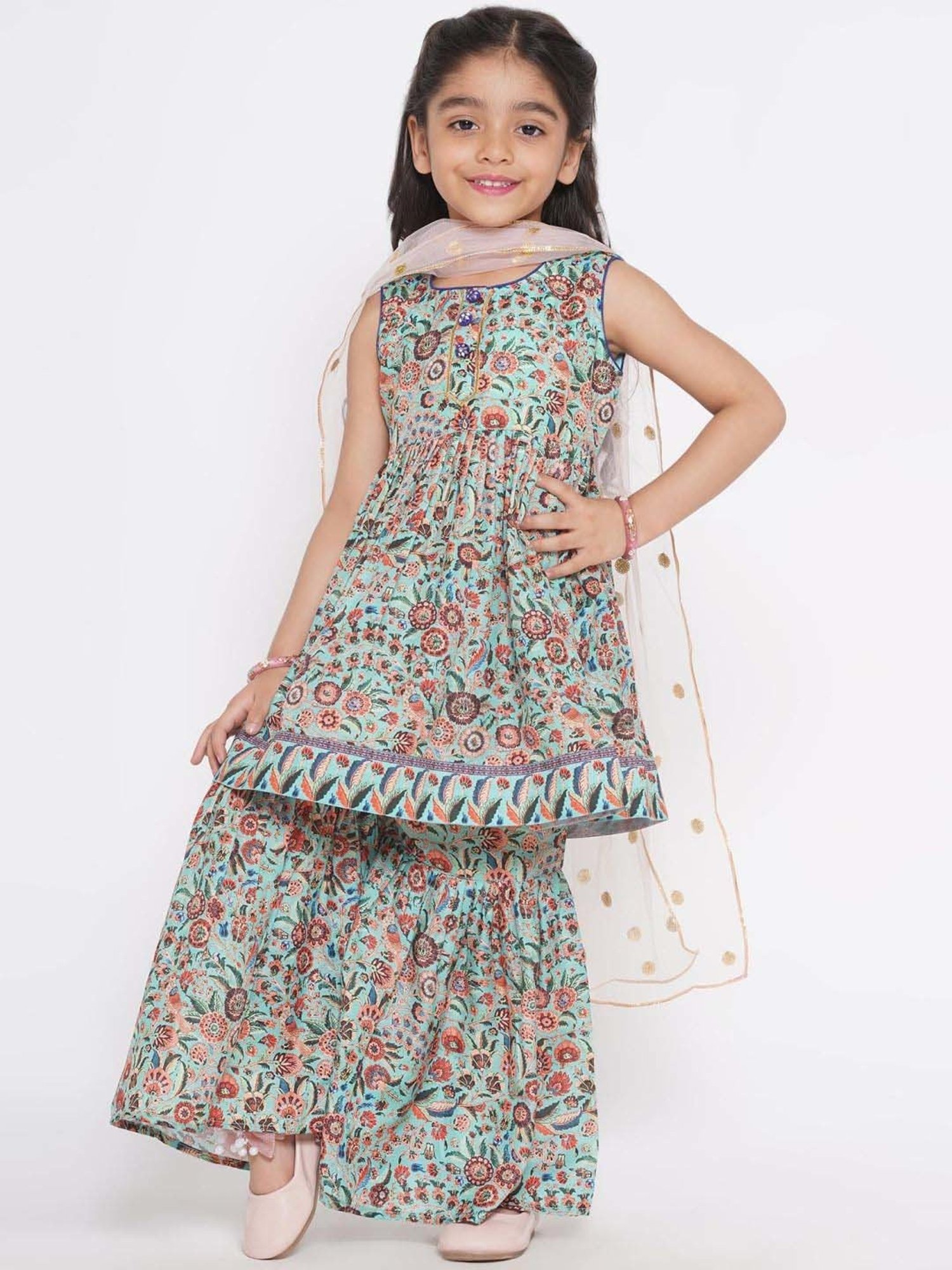 Little Bansi Kids Green Floral Print Kurta Set