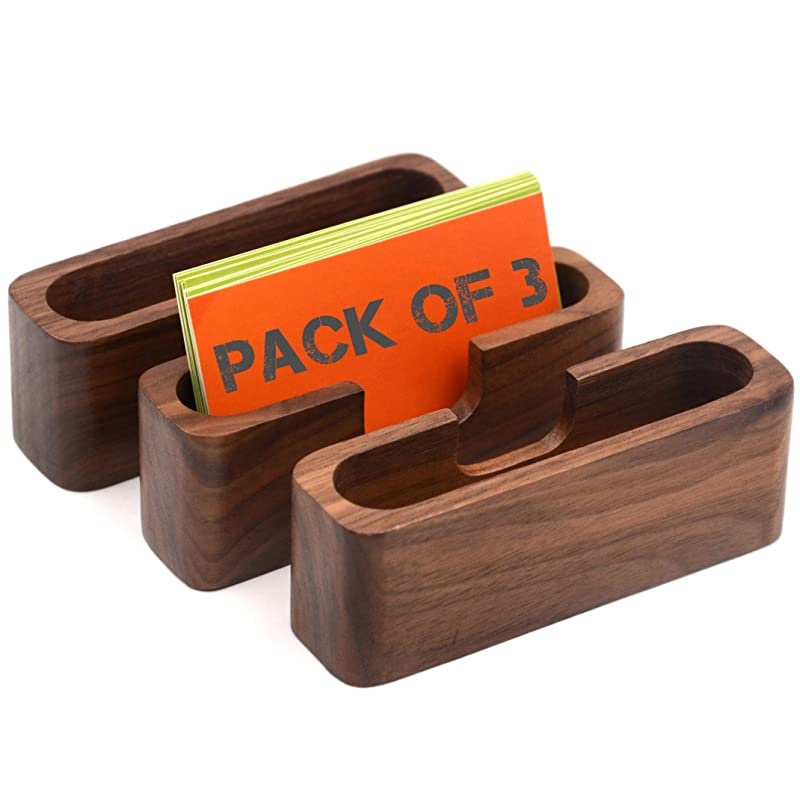 3Pack Walnut Wood Business Card Holder for Desk Wooden Business Card Organizer Case Stand