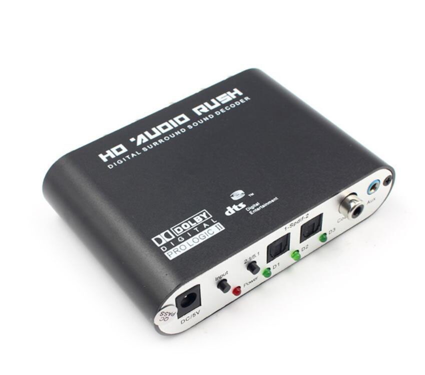 5.1 Rush Digital Sound Decoder DTS / AC3 Dolby SPDIF Input to channel Digital Audio Converter with  Optical SPDIF Coaxial Dolby AC3 DTS stereo(R/L) to 5.1CH Analog Audio (6RCA Output)