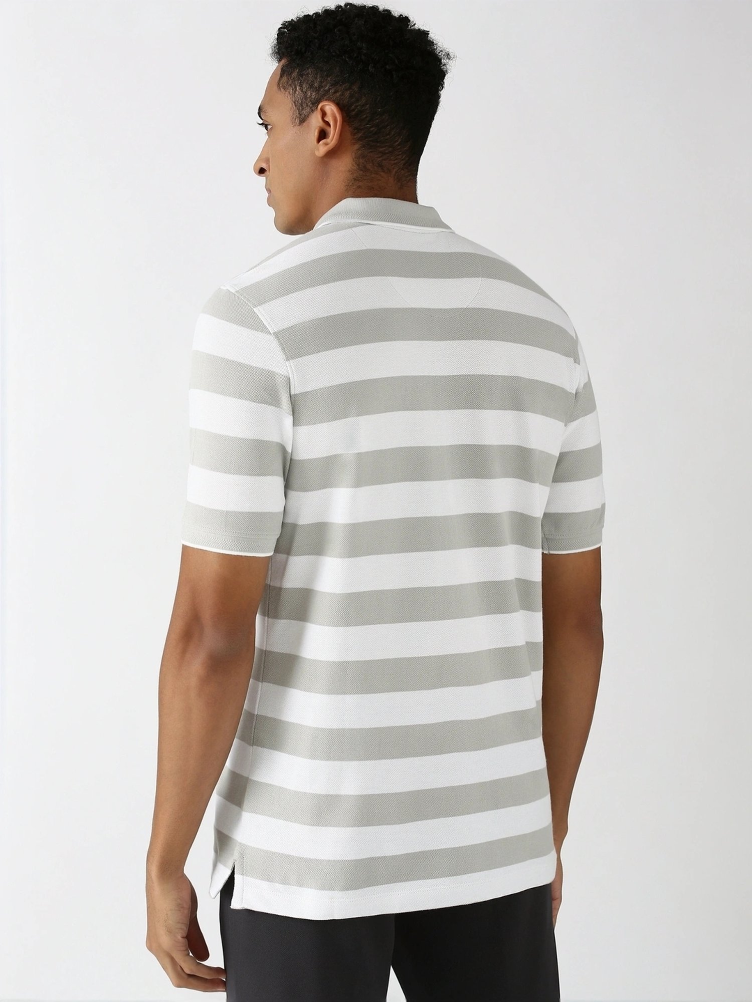 Peter England Grey Regular Fit Striped Polo T-Shirt