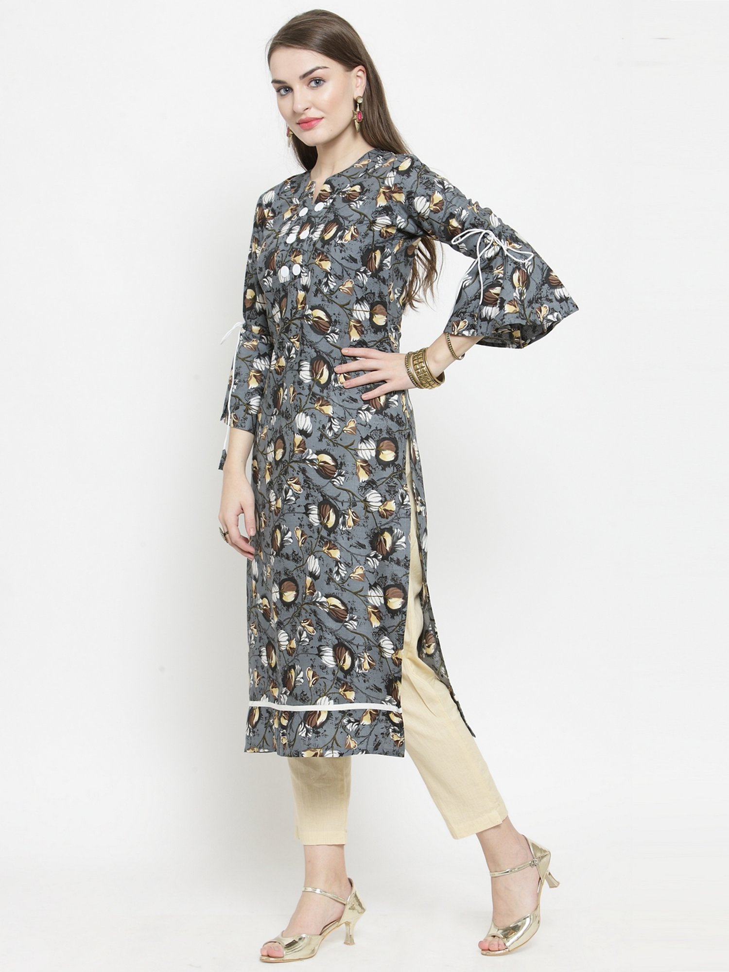 Indibelle Grey Floral Print Straight Kurta