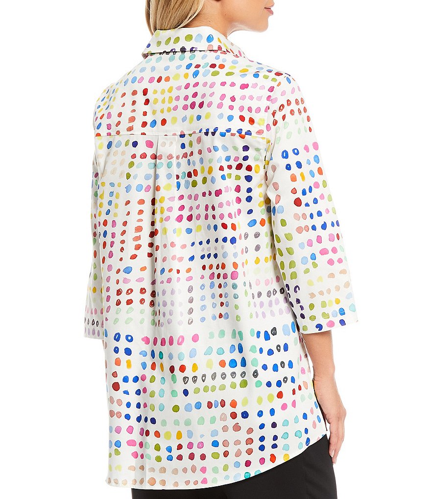 Caroline Rose Painted Dot Stretch Point Collar Neck 3/4 Sleeve Cotton Boyfriend Shirt