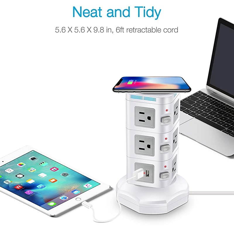 Power Strip Extension Cord with 4 USB Ports 10 Outlets  Surge Protector Power Strip Tower with Wireless Charger for iPhone Samsung Huawei Multi Outlets Plug Charging Station