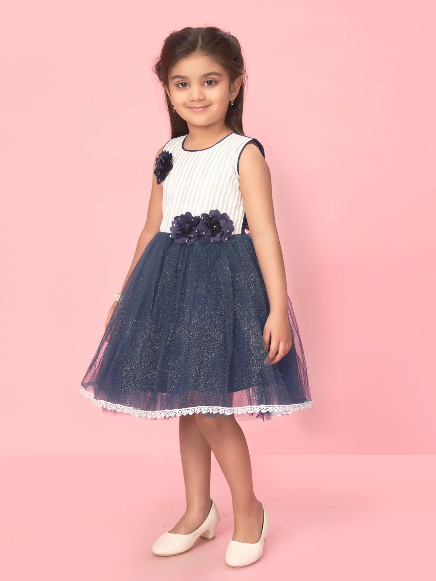 Aarika Kids White & Navy Applique Frock