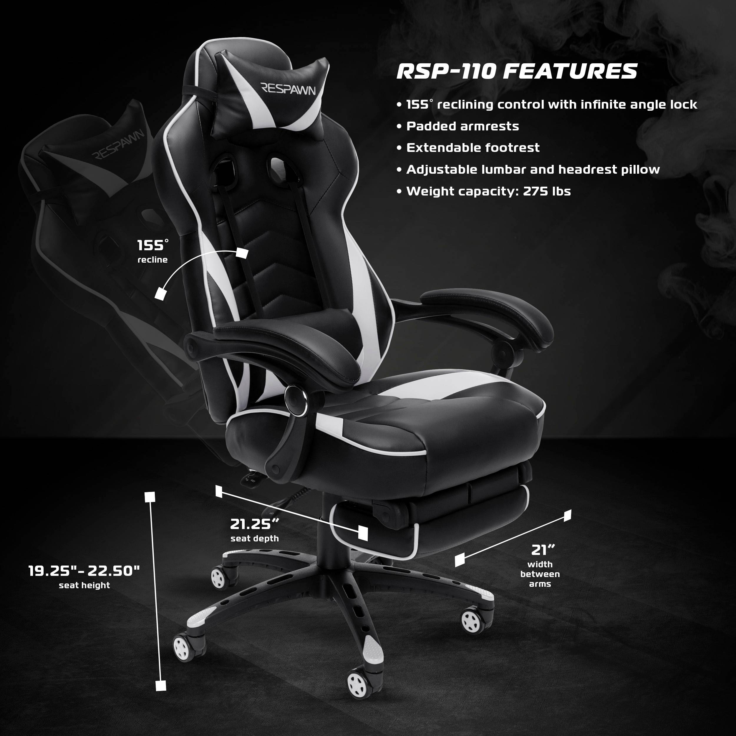 RESPAWN 110 Racing Style Gaming Chair, Reclining Ergonomic Leather Chair with Footrest, in White (RSP-110-WHT)