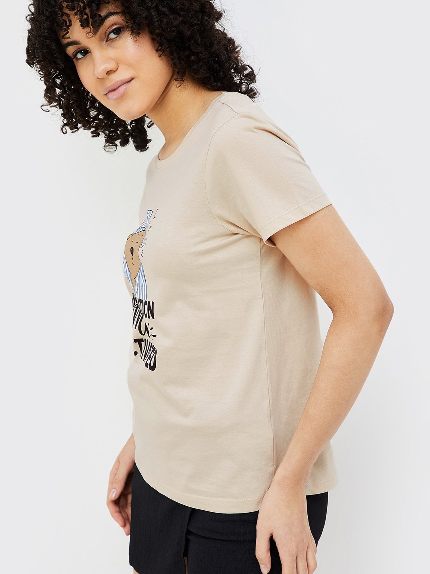Ginger by Lifestyle Beige Graphic Print T-Shirt