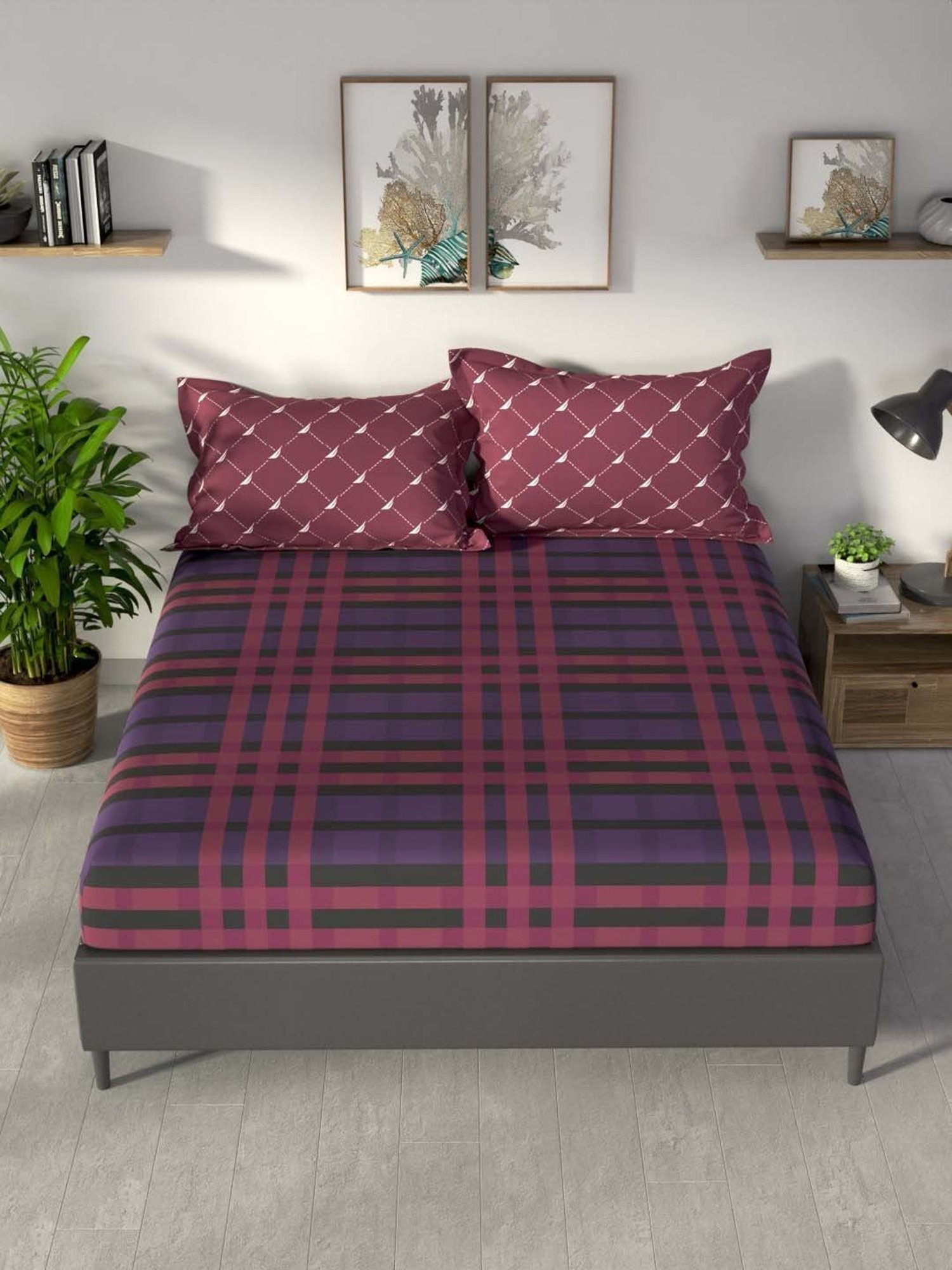 NAUTICA Pacific Coast Red & Grape Cotton 160 TC King Bedsheet with 2 Pillow Cover